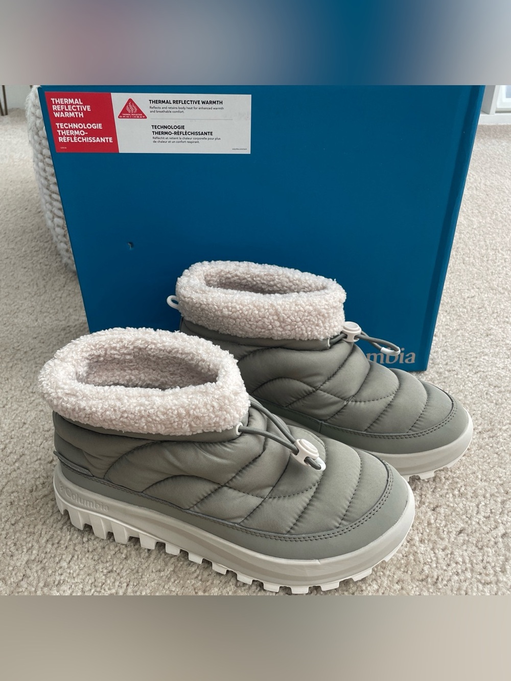 Columbia Snowtrot Shorty Grey Green Quilted Insulated Winter Boots Womens 8 NEW